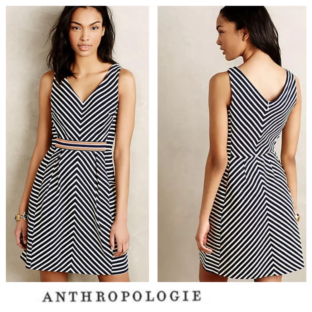 Anthropologie black and cream Striped V-Neck Fit-and-Flare Dress